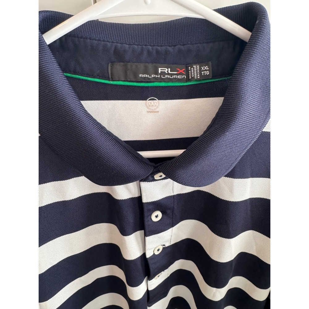 RLX Ralph Lauren Mens XXL Navy Blue White Striped Short Sleeve Polo Shirt
